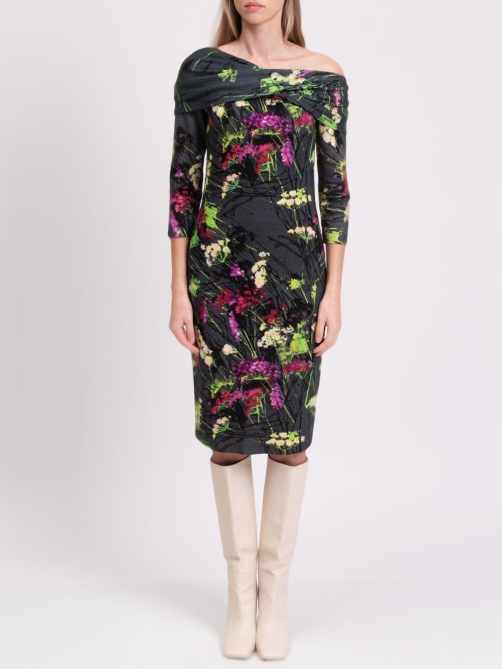 NWT $2K BLUMARINE 100% Virgin Wool Black Floral Midi Dress IT44 US8 Cowl Neck